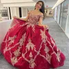 Rode Mexi Baljurk Quinceanera Jurken Luxe Gouden Applicaties Kralen Off Schouder Sweet 16 Jurk Lace-Up Vestidos De 15 Anos