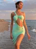 Casual Dresses Sexig One Shoulder Backless Sleeveless Green Midi Dress Women 2023 Summer Fashion Cut Out Split Ruched Beach Party Club