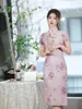 Ubranie etniczne w stylu chiński letni moda formalna kobiety krótkie mleewa qipao impreza elegancka lniana kwiatowa druk cheongsam