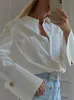 Women's Blouses Shirts Jyate mode femme Blouses élégant revers à manches longues bureau dame chemises décontracté lâche blanc poches hauts vêtements féminins 230412