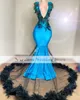 Luxury Blue Feathers Prom Dresses For Black Girls Beading Mermaid aftonklänningar 2023 Robes de Bal Women Party Wear