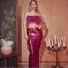 Casual Dresses 2023 Summer Women's Rose-Red Sexy 2-Piece Set Feather Top Shiny paljett Kjol Birthday Party Celebrate Outfit