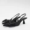 Nxy Sandalen Schwarz Slingback Heels mit Schleife für Damen Sommer Spitzschuh Pumps Damen Elegant Hochzeit Lässig Stiletto Schuhe 230406