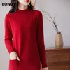 Grundlegende Freizeitkleider RONGYI Strickkleid aus 100 % Merinowolle und Kaschmir für Damen Winter Herbst Mock Rollkragen Damenkleider Langer Pullover 231110