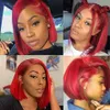 Saç perukları 13x1 13x4 Kırmızı Kısa Bob Dantel Ön İnsan Kadınlar İçin Brezilya Şeffaf Peruk Düz Renkli Remy 230412