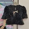 Женские блузки тяжелая индустрия Sequints Рубашка женская весенняя одежда 2023 Женская пузырьковая рукава модная блузка девушки укороченная топ