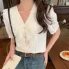 Damen Blusen Vintage Rüschen Spitze Damen Bluse Mode Elegant V-Ausschnitt Button-Up Chiffon Shirt Puff Kurzarm Schlank Sommer Tops Lady