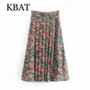 Faldas KBAT Primavera Vintage Verde Cuero largo Cintura alta Impreso Esquí Playa Vacaciones Pliegue Esquí Split Elegante Flor Esquí Chica 230412