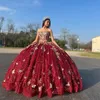 Red Sweetheart Ball Gown Quinceanera Dresses Gold Applique Bow Crystal Beading Off the Shoulder Ribbons Corset Vestido De 15 Anos