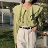 女性のブラウスシックなファッション韓国トップスデザイン2023女性かわいい日本の女の子ソリッドフリルグリーンピンクの白いボタンシャツ