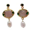 Stud YYGEM Freshwater Cultured White Square Pearl Rice Pearl Green Crystal Dangle Stud Earrings 230412