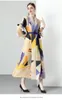 Women Jackets Outerwear High Quality New Autumn Miyake Pleated Long Dress Elegant Women V Neck Ruffles Purple Flower Print Lace Up Belt Loose Dresses 2024