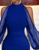 Sıradan Elbiseler Kadınlar 2023 Sonbahar Seksi Gece Dışarı Mock Boyun Uzun Kollu Bölünmüş şeffaf örgü Pullu Moda Partisi Mini Bodycon Elbise
