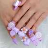 Faux ongles violet faux ongles avec décor 3D filles longue durée réutilisable carré artificiel pour la vie quotidienne utilisation quotidienne