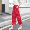 Women's Pants Summer Capri High Waist Women Fashion White Black Polka Dot Wide Leg Trousers Chiffon Korean Casual Loose Student