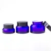 Refillable Glass Cosmetic Cream Jars 15g 30g 50g With Black Cap Blue Lotion Bottles Wholesale