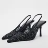 Sandálias novas mulheres lantejoulas altas saltos altos de ponta de calcanhar preto slingbacks sapatos de mulher sensuais bombas senhoras bling siletto sandália 230406