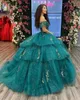 Robes de Quinceanera vert chasseur avec des appliques en dentelle, 15 ans, épaules dénudées, robes de fête d'anniversaire pour filles mexicaines