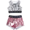 衣料品セット414歳の女の子ピンクスパンコールクロップトップショーツジャケットダンスウェアコスチュームヒップホップモダンジャズダンスステージパフォーマンスウェア230412