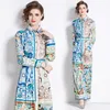 2023 Casual Print A-Line Maxi Dress Women Long Sleeve Lapel Runway Designer Shirt Floral Dresses Spring Autumn Vacation Ladies Chic Birthday Dinner Party Frocks