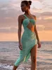 Casual Dresses Sexig One Shoulder Backless Sleeveless Green Midi Dress Women 2023 Summer Fashion Cut Out Split Ruched Beach Party Club