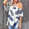 Women's T Shirts 10 Styles 2023 Women Off The Shoulder T-shirts Print Long Sleeve Tunic Tops Fall Casual Sexy Blouse Criss Cross Strappy