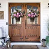 Colgadores de flores decorativas para puerta para ventana delantera Artificial, cesta de flores de peonía rosa claro, corona para el día de la madre, lavanda púrpura