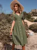 Casual jurken Jim Nora Vrouwen V Hals Button Down Midi Dress A-Line Solid Summer Summer Fashion Sundress 230412 met korte mouwen