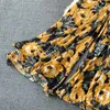 Calças femininas de duas peças outono/inverno floral chiffon cintura alta perna larga com chifre grande camisa com decote em v mangas alargadas duas peças