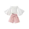 Kleidungssets für Kinder, Kleinkind, Baby, Mädchen, Frühling, Sommer, feste Baumwolle, gerippt, Rüschen, Langarm, Oberteile, Shorts, Outfits, Kleidung, kleines Mädchen, 5t