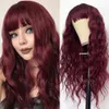 Trendiga Bourgogne Red Loose Deep Wave Human Hair Wigs With Bangs Machine Made Wine Rödhår Inga spetsar peruker för modekvinnor