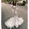 Vestidos de festa Bling Silver Mermaid Mangas compridas Ruffles Africano Prom 2023 V Neck Plus Size Gala Gala Dress CP789