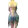 Stage Wear Glitter Strass multicolori Senza maniche Halter Donna Body Frange colorate Tute attillate elasticizzate Pagliaccetto da discoteca