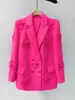 Femmes Deux Pièces Pantalons Femmes Costume Col Printemps Veste Pleine Longueur Fuchsia Manteau Style De Mode Micro Évasé Fleur Costumes Ensembles 2 Pièces en Stock 231110