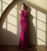 Sexy Mermaid Celebrity Dress Fuchsia Purple Glitter Sequined Halter Pearl Tassel Hollow Out Backless Party Evening Gowns Bridal