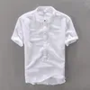 Camisas casuais masculinas estilo manga curta sólida camisa de linho branco homens verão colarinho chinês moda algodão mens camisa