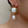 Stud YYGEM Freshwater Cultured White Square Pearl Rice Pearl Green Crystal Dangle Stud Earrings 230412