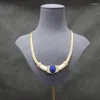 Choker European och American Fashion Medieval Oval Lapis Lazuli Pendant White Emamel Necklace Earring Set