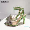 Sandalen Eilyken Grüne Frauen Sandalen Mode transparente PVC-Schmetterlingsknoten Slingbacks Sommerparty Abschlussball Dünne High Heels Schuhe 230410