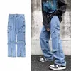 Mäns jeans trendiga last män avslappnad rak denim byxor ben blixtlås fick joggar taktiska byxor streetwear harem kläder