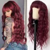 Trendiga Bourgogne Red Loose Deep Wave Human Hair Wigs With Bangs Machine Made Wine Rödhår Inga spetsar peruker för modekvinnor