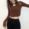 Blouses Femmes S-XL Femmes Découpé Chemise Crop Tops Mode Col Rond Bouton Connecté Manches Longues Marron Pour Le Printemps