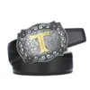 Bälten Western Zinc Alloy Buckle Leather Cowboy Letters Belt präglade för män