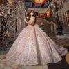 Rose Gold Sparkly Crystal Appliques Bow Quinceanera Dresses Ball klänning från axelpärlan Sweet Vestidos de 15 Girls 2024