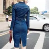 20# Women Winter Office Slim Jeans Mid-cuff Dress With Belt For Women Jeans Dress Modis Turn Down Collar Button Bodycon Dresses 20268M