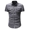 Camisas casuais masculinas de verão masculino de manga curta de manga curta camisa masculina de botão casual Hip Hop Extreme Jeans Men Blue Shirt 230412