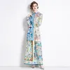 2023 Casual Print A-Line Maxi Dress Women Long Sleeve Lapel Runway Designer Shirt Floral Dresses Spring Autumn Vacation Ladies Chic Birthday Dinner Party Frocks