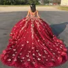 Röd älskling bollklänning quinceanera klänningar guld applikation bow crystal pärla från axelband korsett vestido de 15 anos