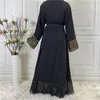 Odzież etniczna elegancka pełna długość muzułmańska Abaya otwarta kardigan kimono aplikacje szaty Jilbab kobieta dubaj muzułmanie sukienka islamskie kimono 1863