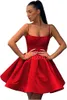 スキニーストラップ付きの女性の帰郷ドレス短いサテンフォーマルパーティープロムドレスRU156